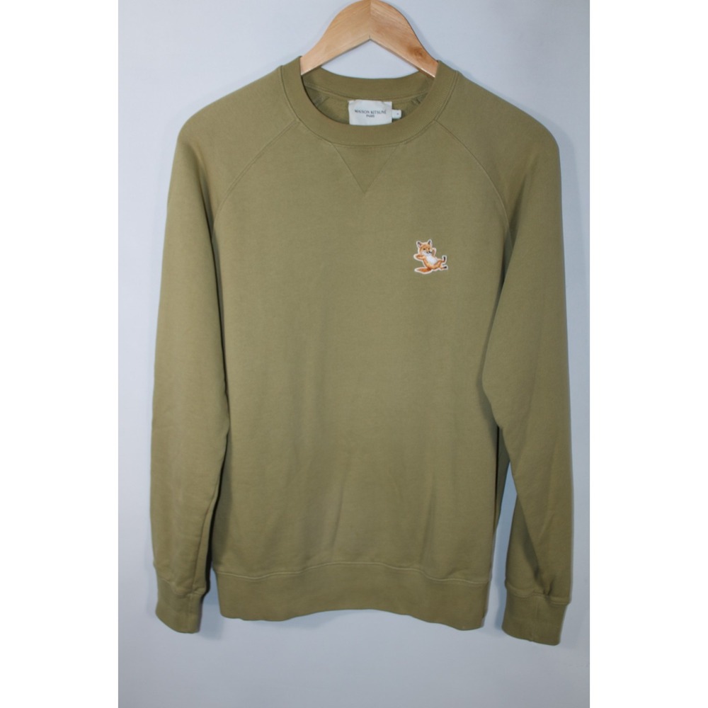 Maison Kitsune Men's Small Light Olive Green Crew Neck Fox Patch Sweatshirt